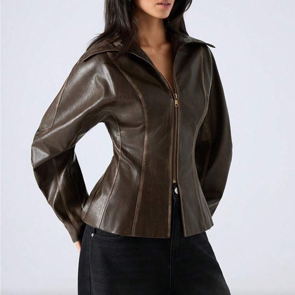 Brown zipper cinch waist puff sleeve blazer distressed brown faux leather jacket - Picture 5 of 7